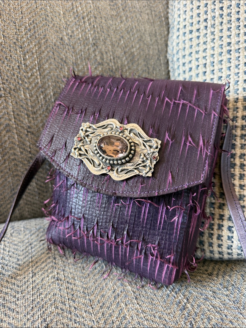 Moulin Rouge Purple Leather Crossbody Bag metal clasp with jewel accents